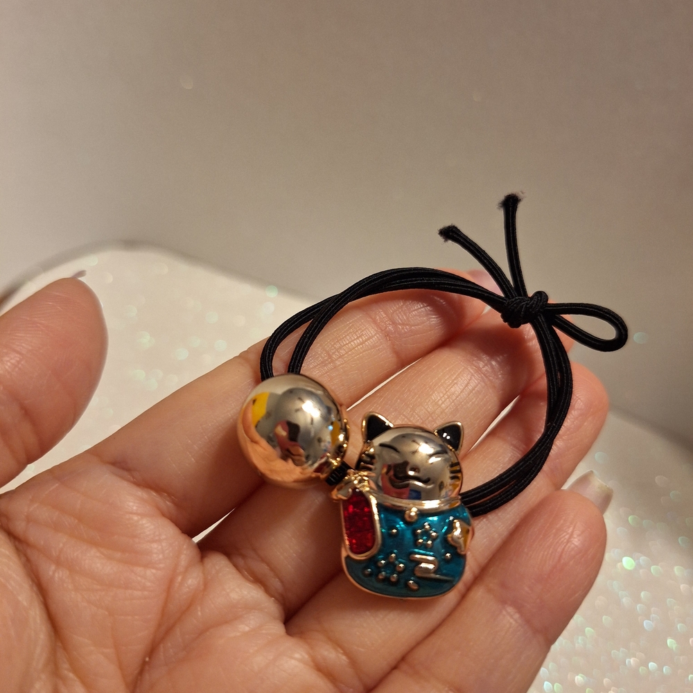 Lucky Cat Hair Tie with Gold and Black Accents